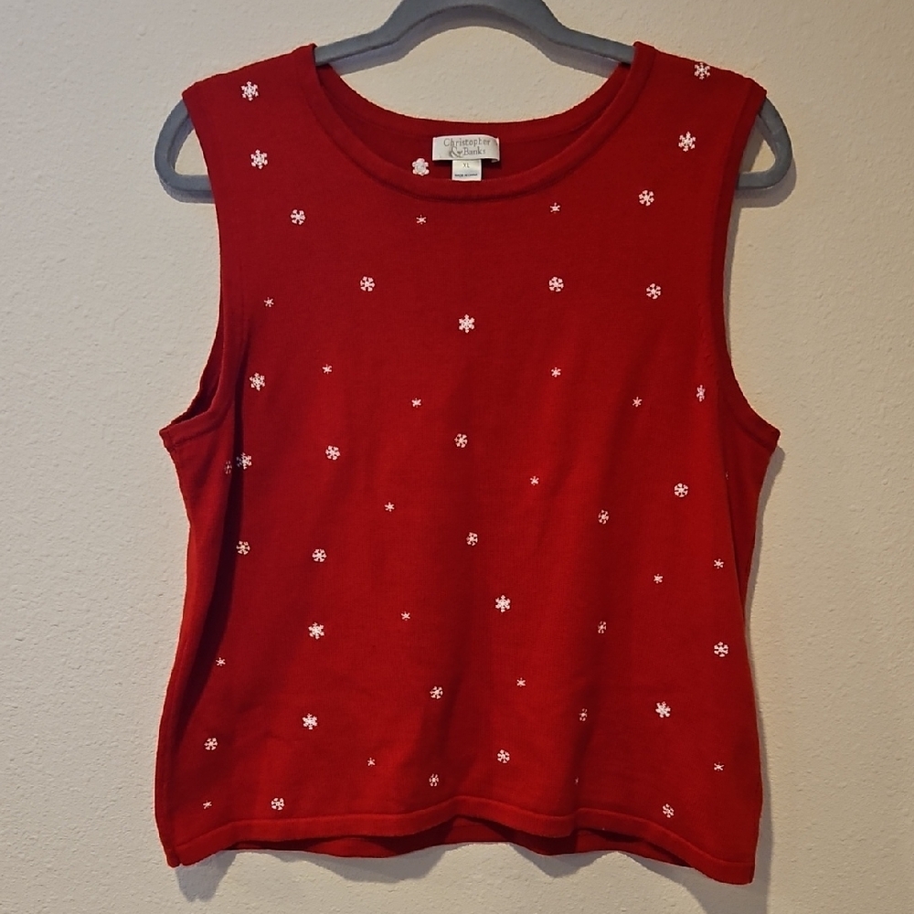CJ Banks Red Sleeveless Top with White Floral Embroidery